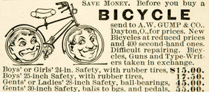 1891 Ad A W Gump Company Bicycle Bike Dayton Ohio Ride Transportation YYC1