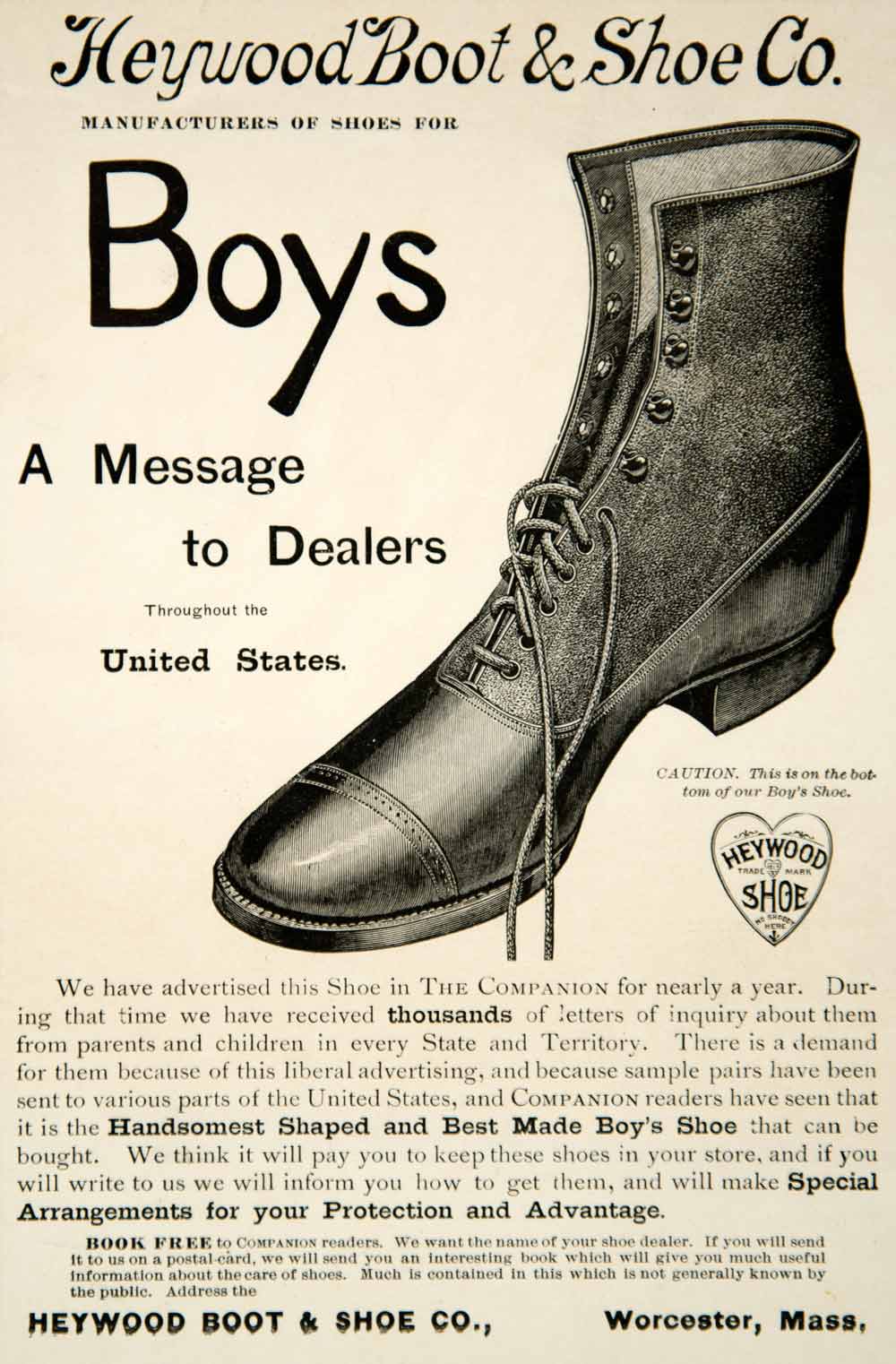 1891 Ad Heywood Boys Boot Shoe Worcester MA Fashion Victorian Childrens YYC1