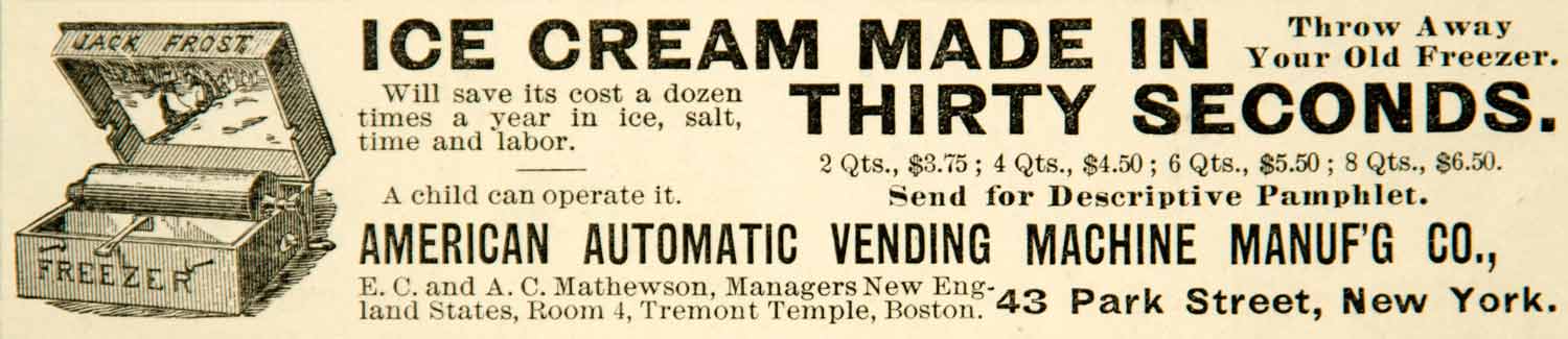 1891 Ad Ice Cream Vending Machine Jack Frost Freezer Victorian 43 Park St YYC1