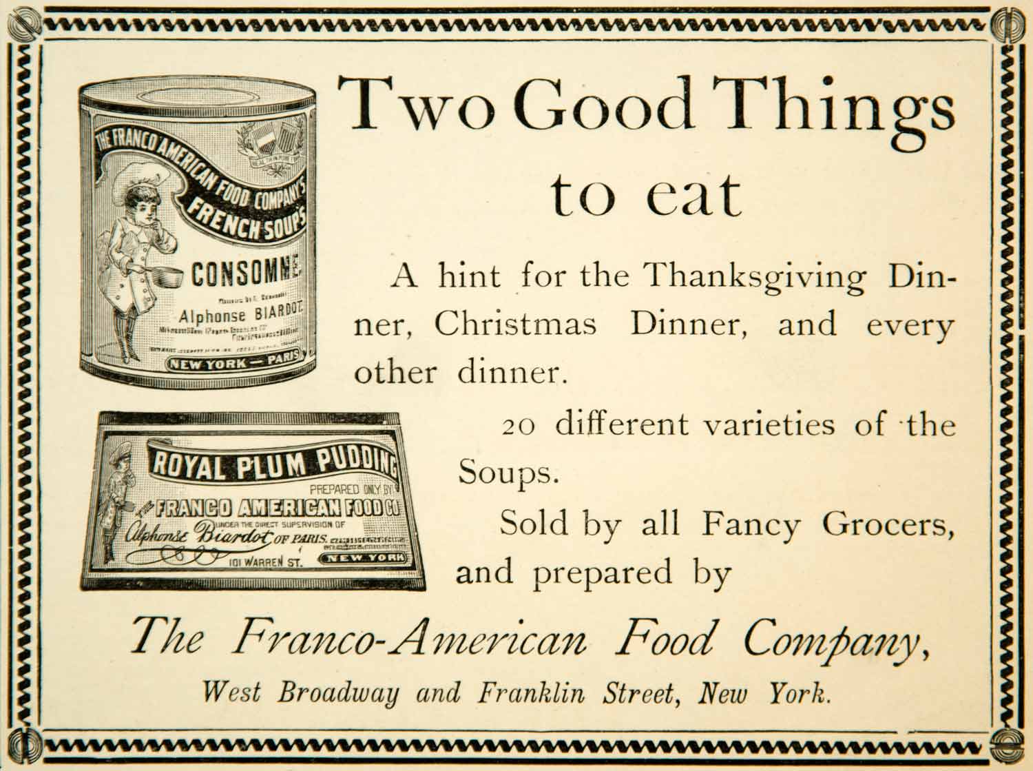 1891 Ad Franco-American Food Royal Plum Pudding French Soup W Broadway NY YYC1