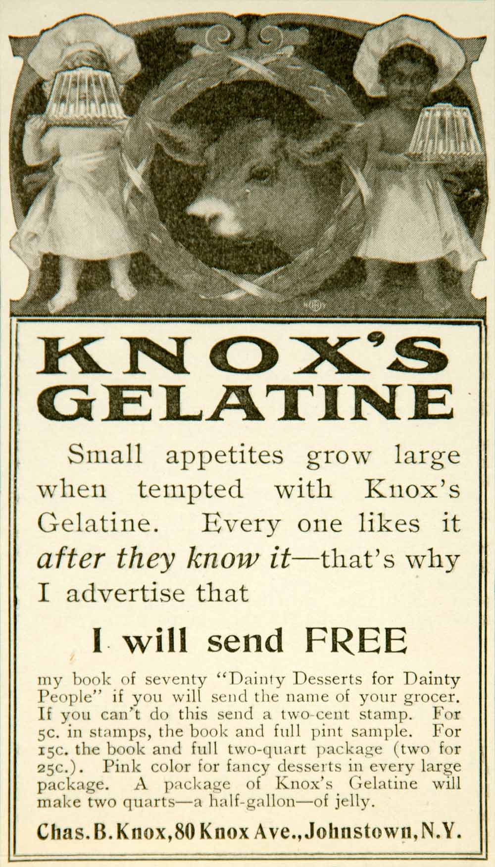 1902 Ad Food Gelatine 80 Knox Ave Johnstown NY Cow Children Mold Dessert YYC1