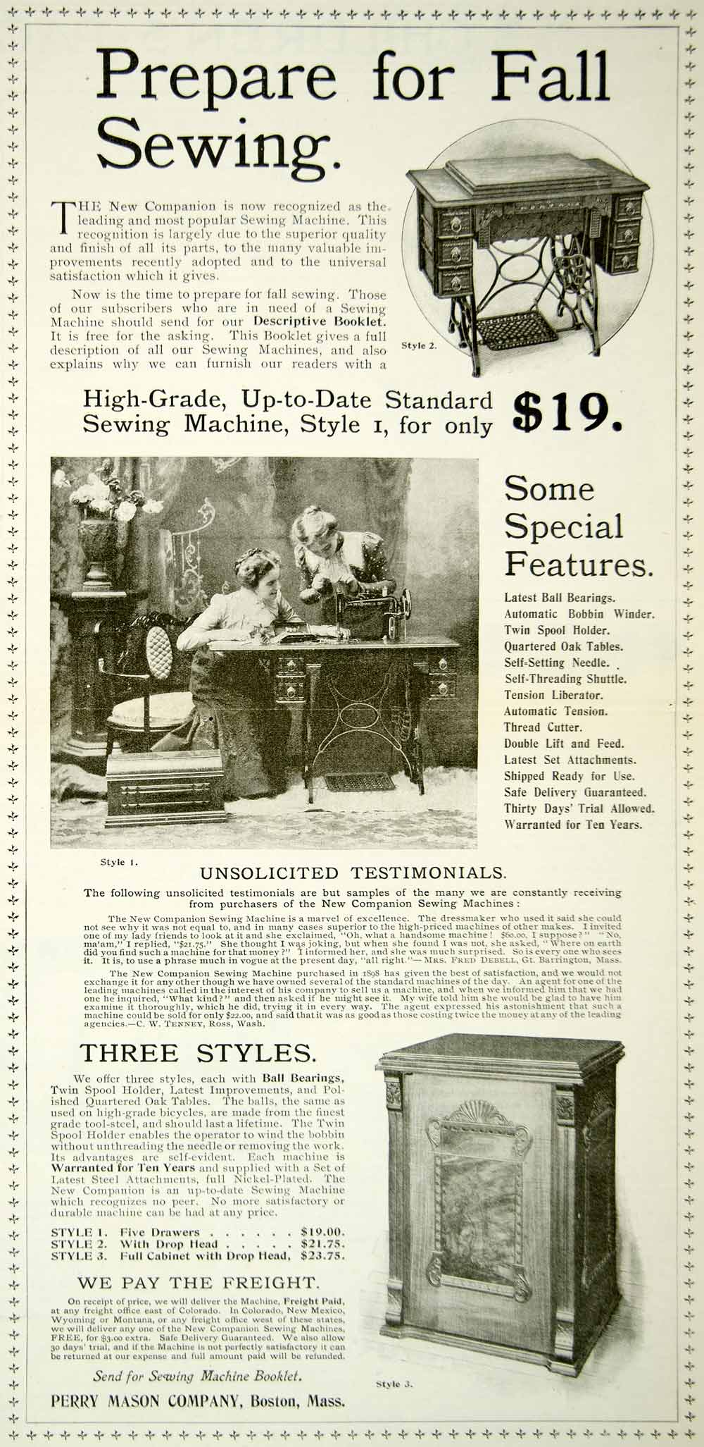 1900 Ad Standard Sewing Machine Perry Mason Boston Household Appliance Mend YYC2