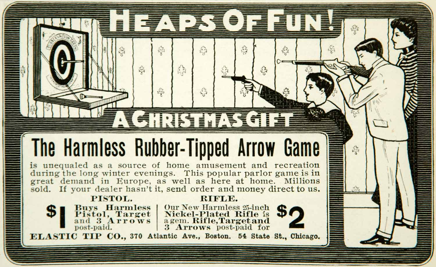 1901 Ad Harmless Rubber Tipped Arrow Game Elastic Tip Company Gun Chicago YYC2