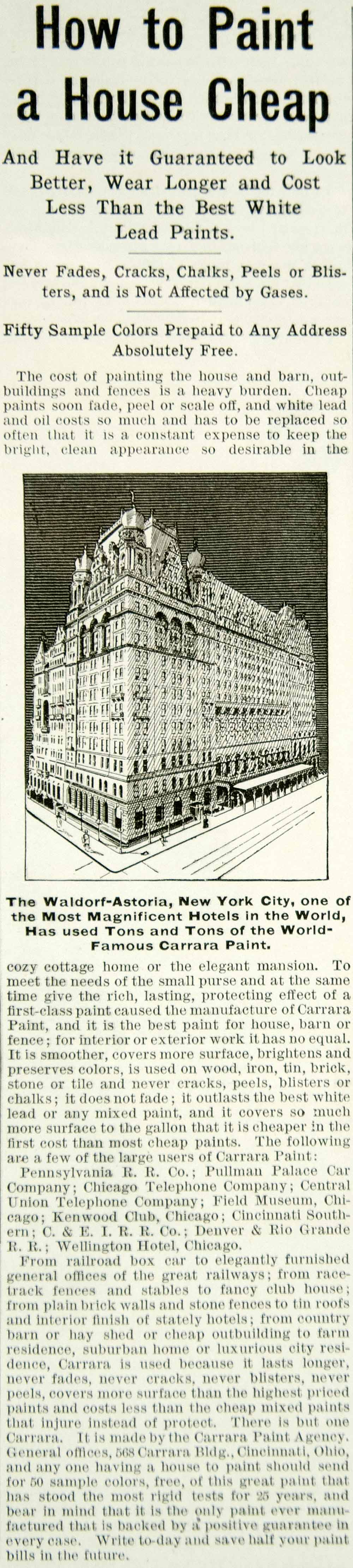 1902 Ad Carrara House Paint Waldorf Astoria New York Historic Building YYC2