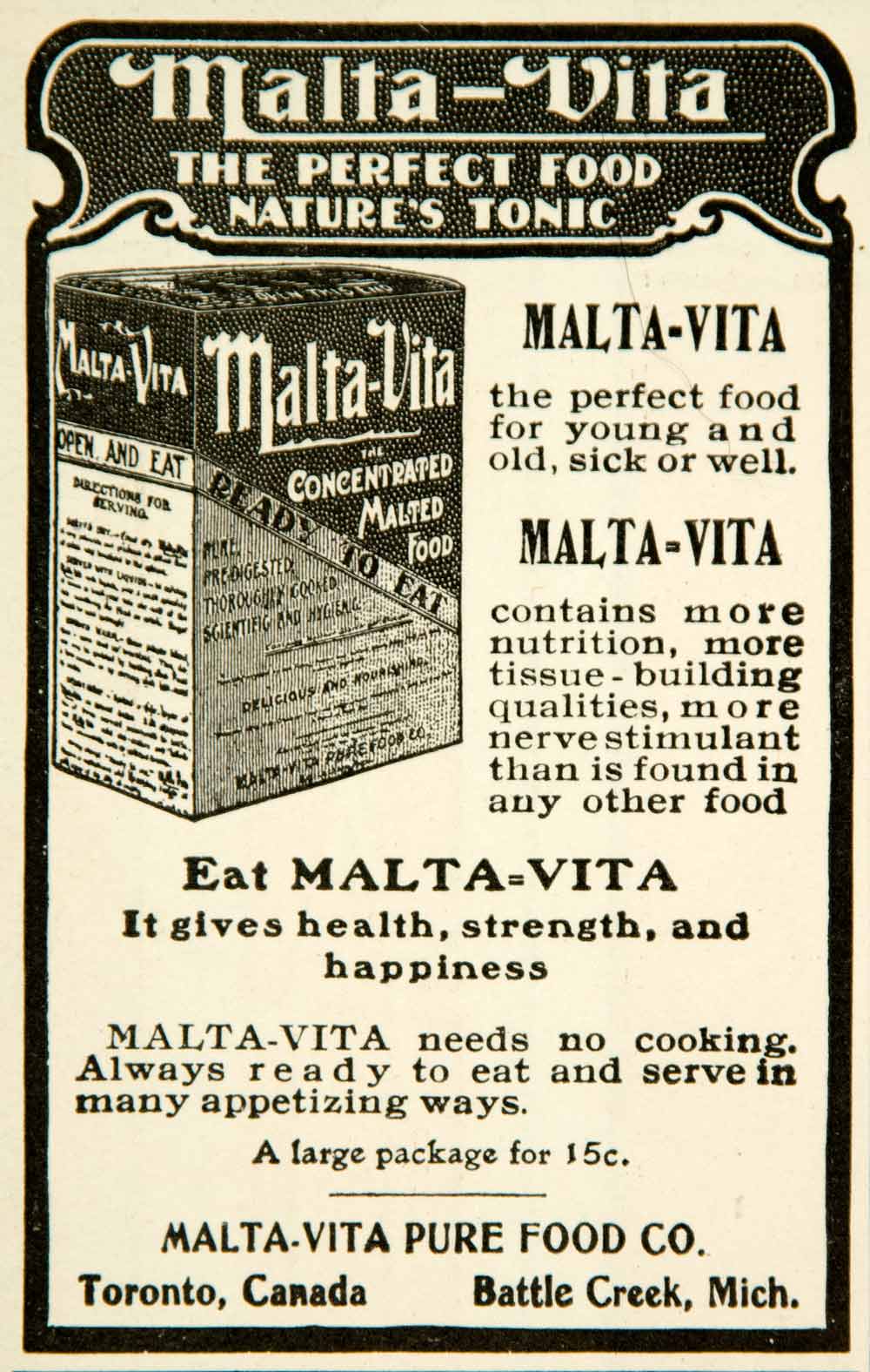 1902 Ad Malta Vita Concentrated Malted Pure Food Breakfast Battle Creek YYC2