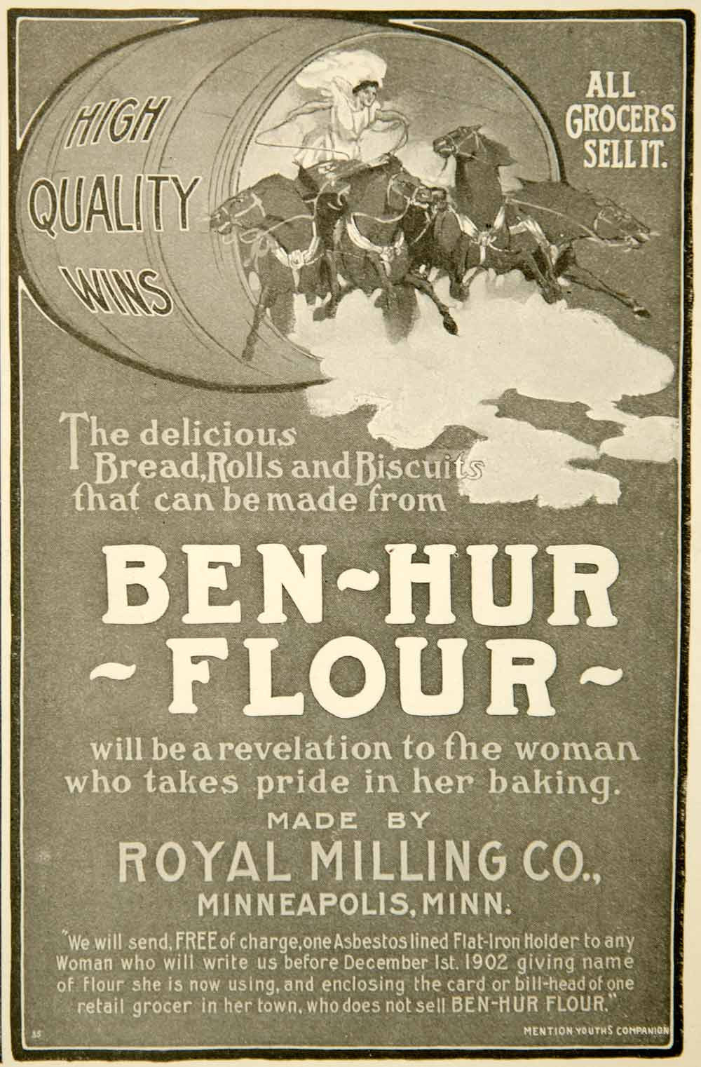 1902 Ad Ben Hur Flour Royal Milling Minneapolis Grocery Bake Cook Horses YYC2 - Period Paper
