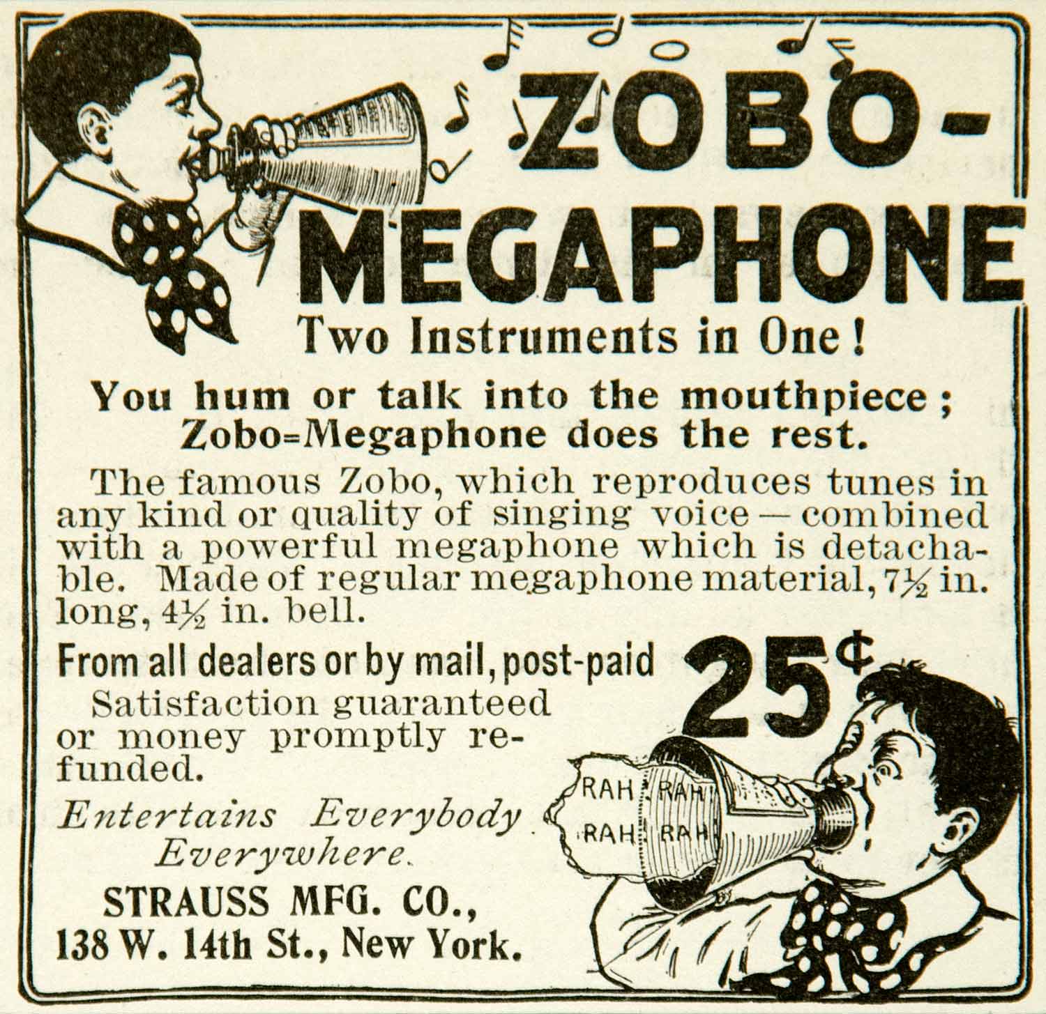 1903 Ad Zobo Megaphone Strauss Manufacturing New York Instrument Music YYC2