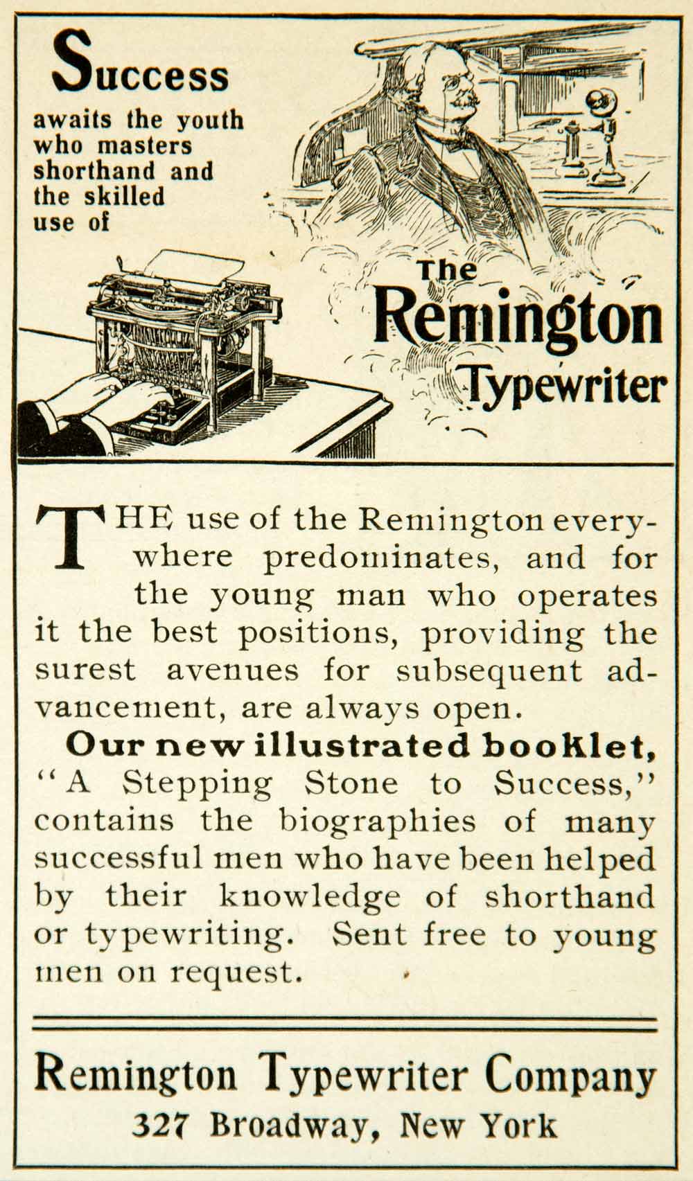 1903 Ad Remington Typewriter Shorthand Writing 327 Broadway NY Office YYC2