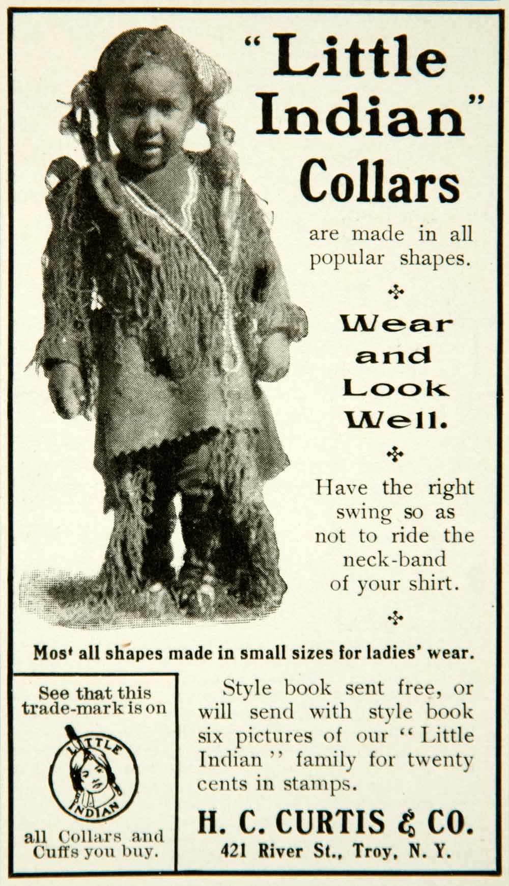 1903 Ad Little Indian Collar Cuff Shirt Neck-Band HC Curtis 421 River St YYC2