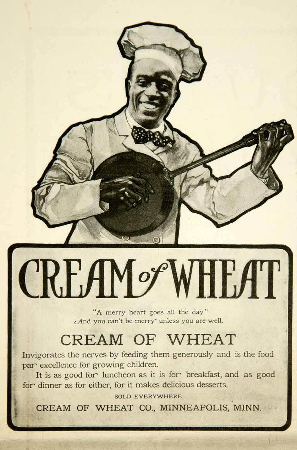 1903 Ad Cream Wheat Breakfast Cereal Banjo Skillet Chef Rastus Minneapolis YYC2
