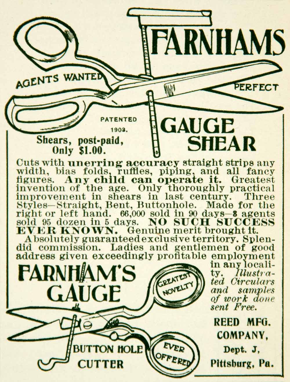 1903 Ad Farnhams Gauge Shear Tool Button Hole Cutter Reed Pittsburgh PA YYC2