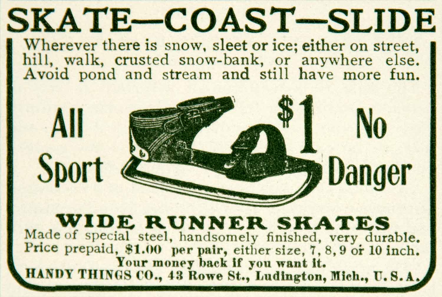 1903 Ad Wide Runner Ice Skate Handy Things Company Ludington Children Sport YYC2