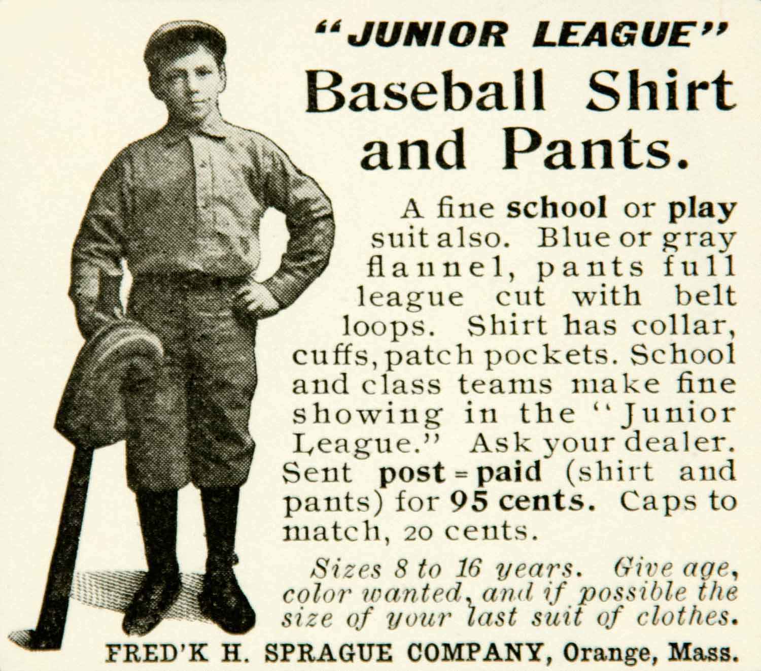 1904 Ad Junior League Baseball Shirt Pants Frederick H Sprague Flannel YYC2