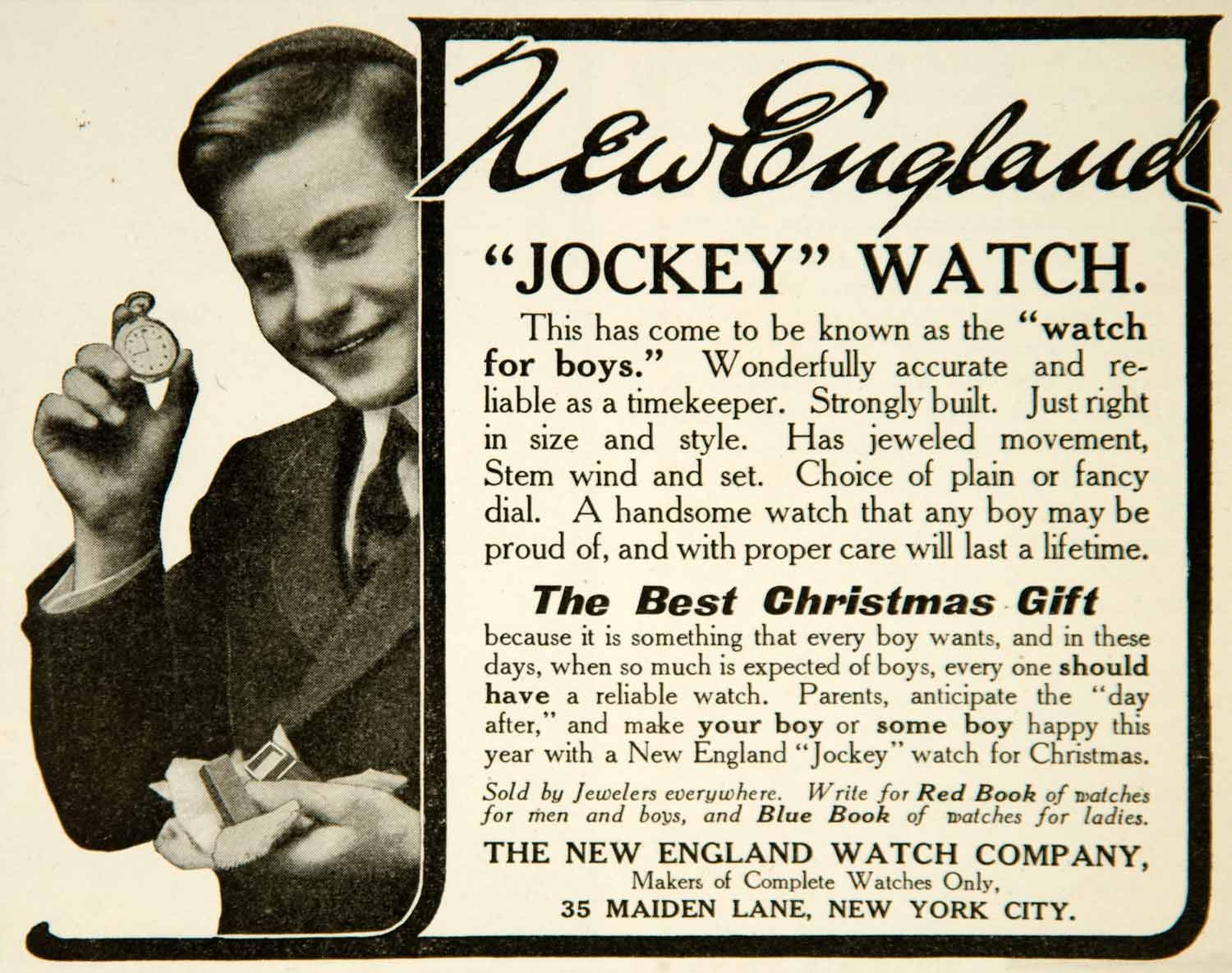 1905 Ad Jockey Watch New England Boys Stem Wind 35 Maiden Lane New York YYC2