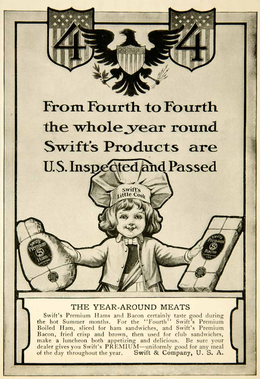 1907 Ad Swift's Meats Premium Ham Chef Child Bacon Hat Girl Parcel Package YYC2