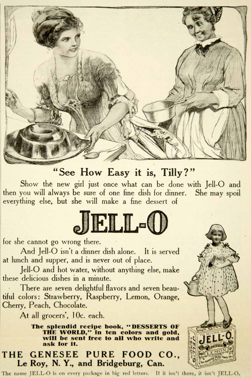 1911 Ad Jell-O Genesee Pure Food Le Roy Bridgeburg Dessert Sweet Dish YYC2
