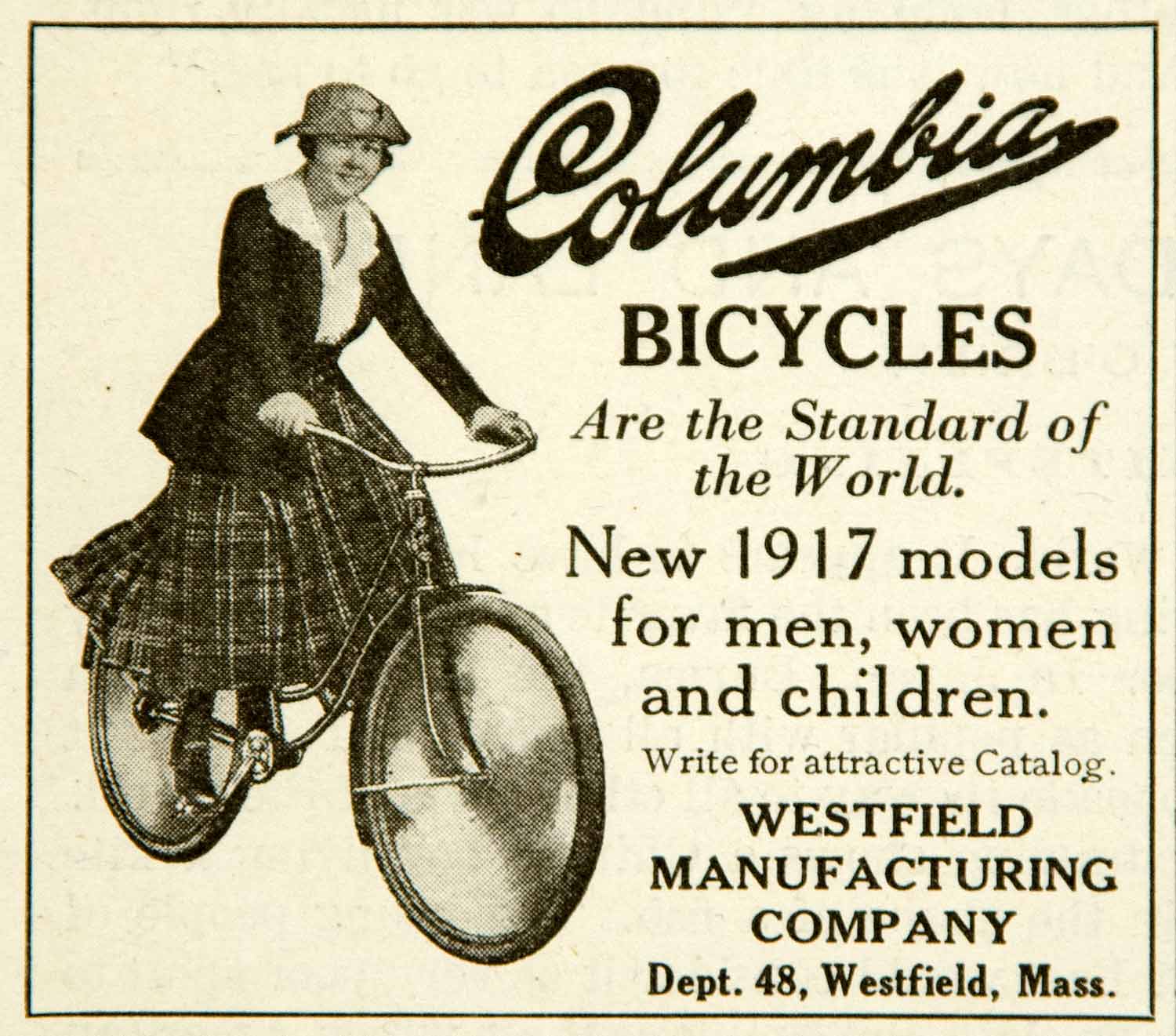 1917 Ad Columbia Bicycles Westfield Manufacturing Riding Woman YYC2