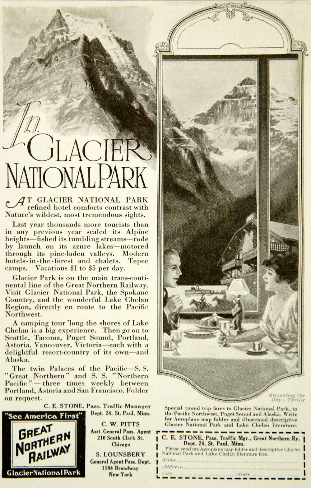 1917 Ad Glacier National Park Great Northern Railway Lounsbery Pitts YYC2
