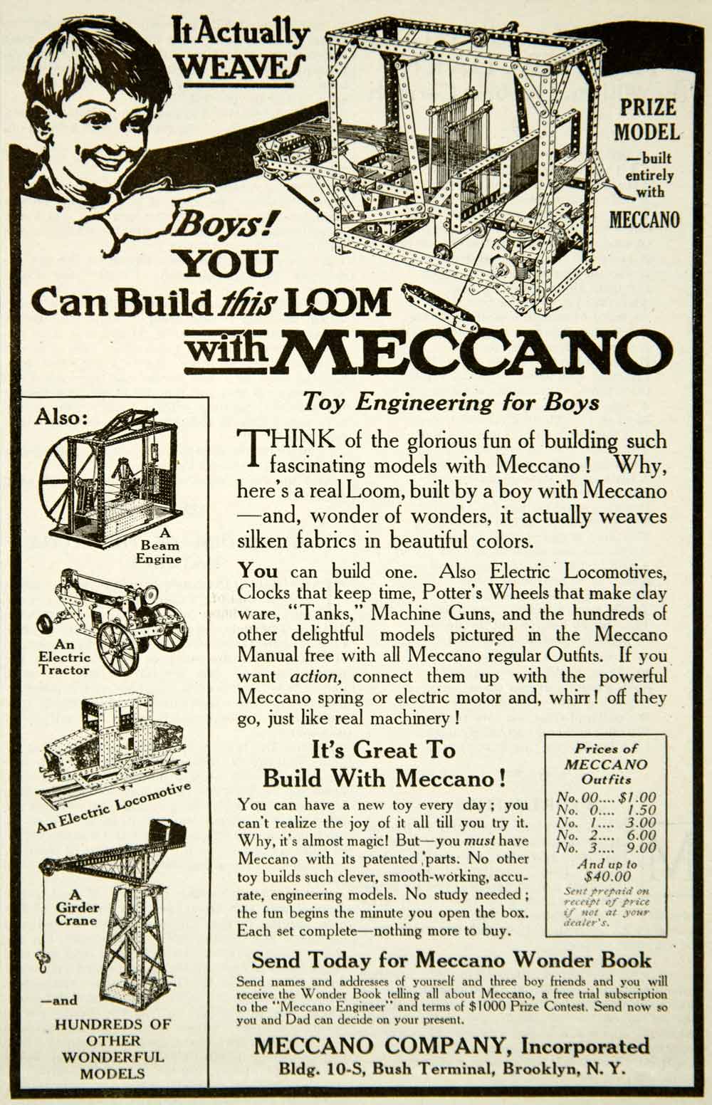 1917 Ad Meccano Toy Engineering Wonder Book Building Boy Child Loom YYC2