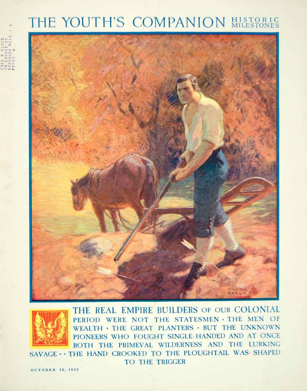 1922 Cover Youths Companion William Eaton Art Pioneer Frontier Farm Plough YYC3