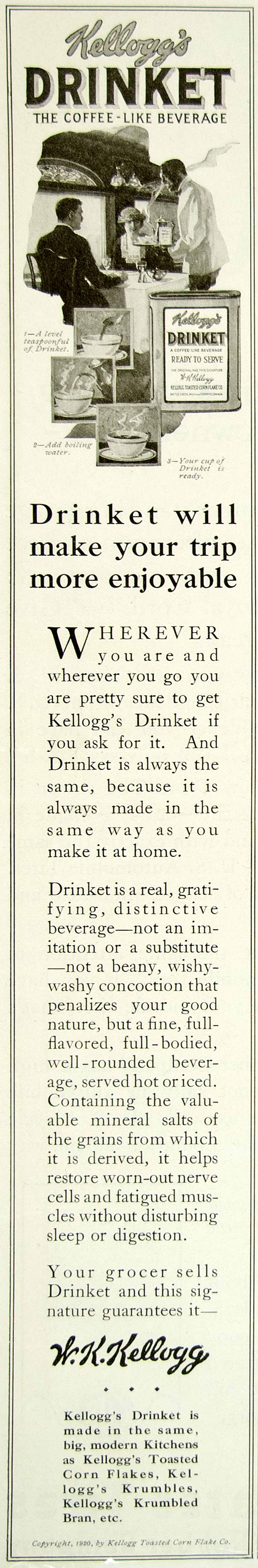 1920 Ad WK Kellogg Drinket Coffee Beverage Food Grocery Breakfast Drink YYC3
