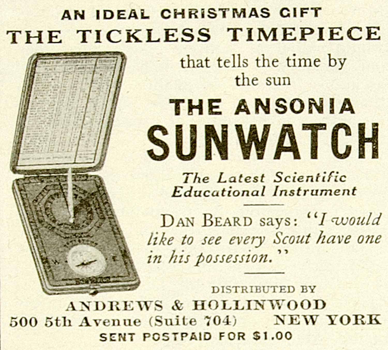 1921 Ad Andrews Hollinwood Ansonia Sunwatch Timepiece 500 Fifth Ave NY Dan YYC3