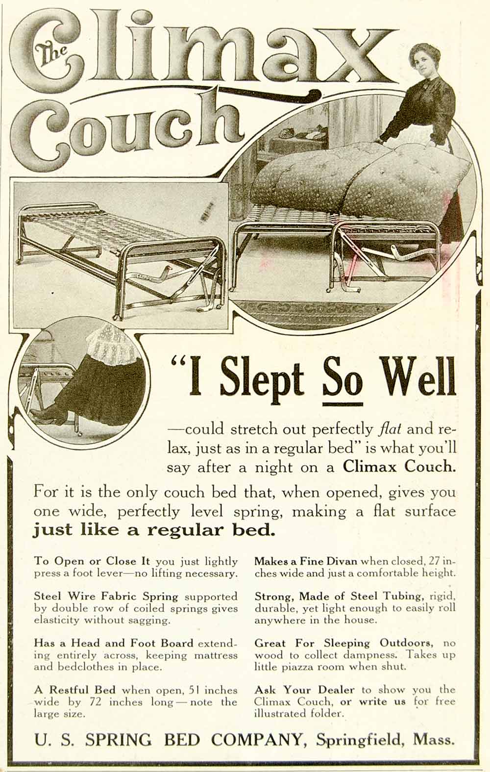 1920 Ad US Spring Bed Climax Couch Furniture Household Sofa Home Decor YYC3