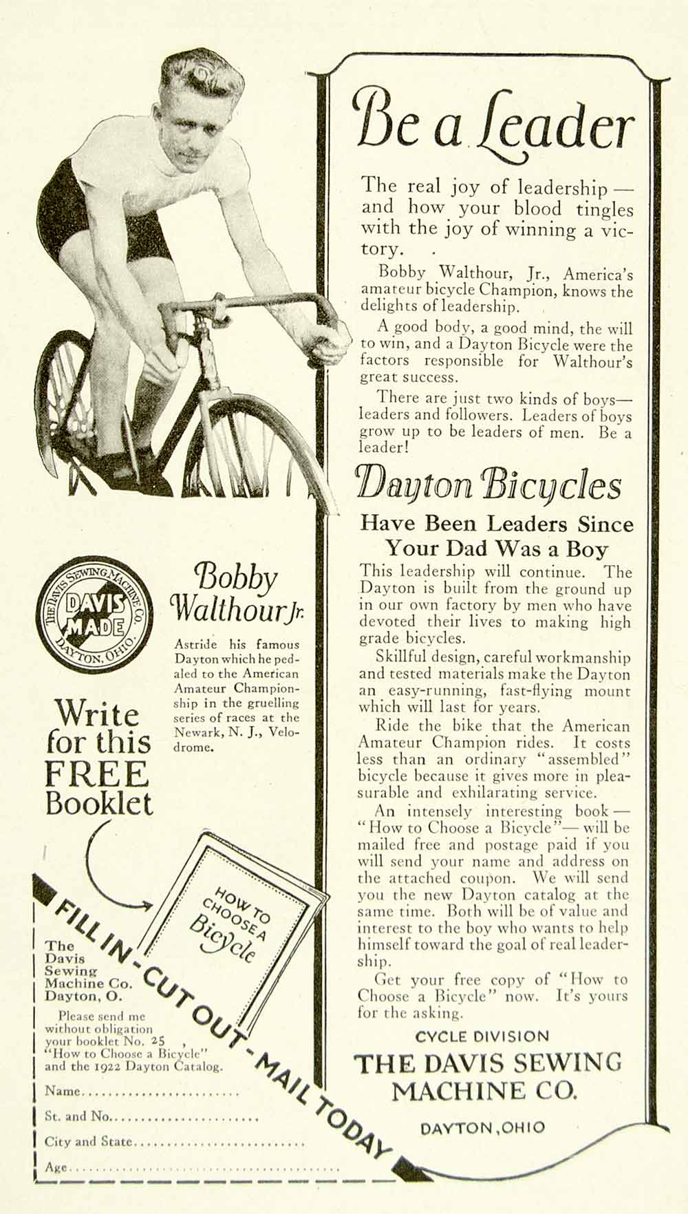 1922 Ad Davis Sewing Machine Dayton Bicycles Bobby Walthour Jr Athlete YYC3
