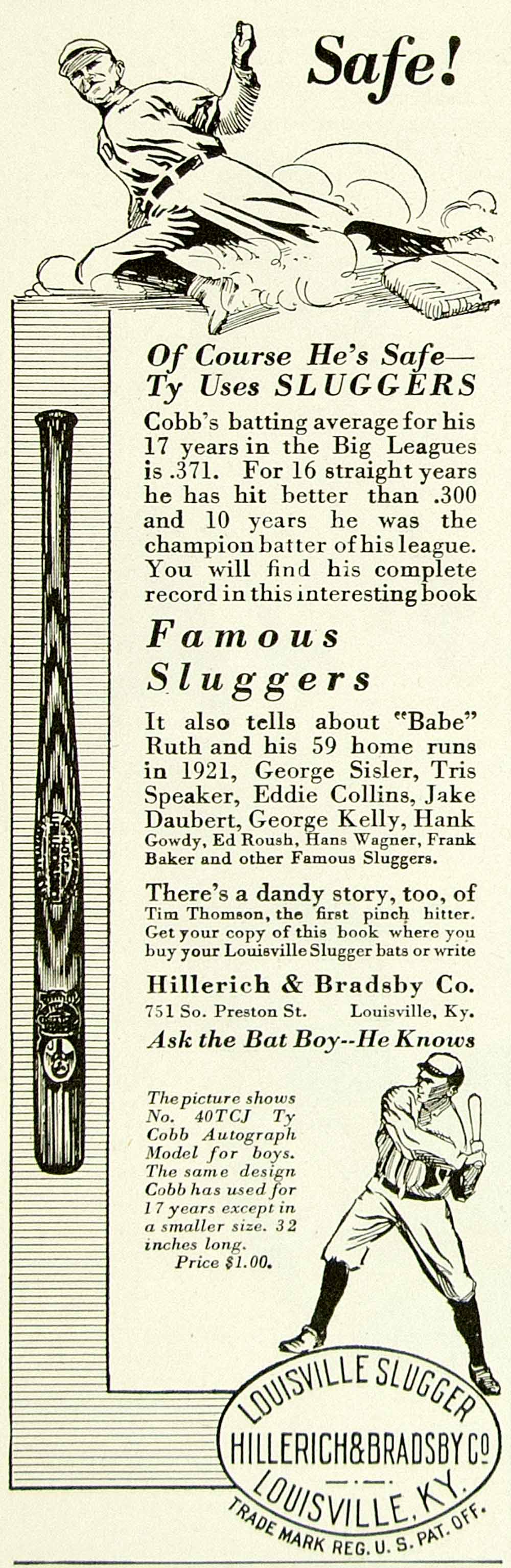 1922 Ad Hillerich Bradsby Louisville Slugger Baseball Bat Ty Cobb Sporting YYC3