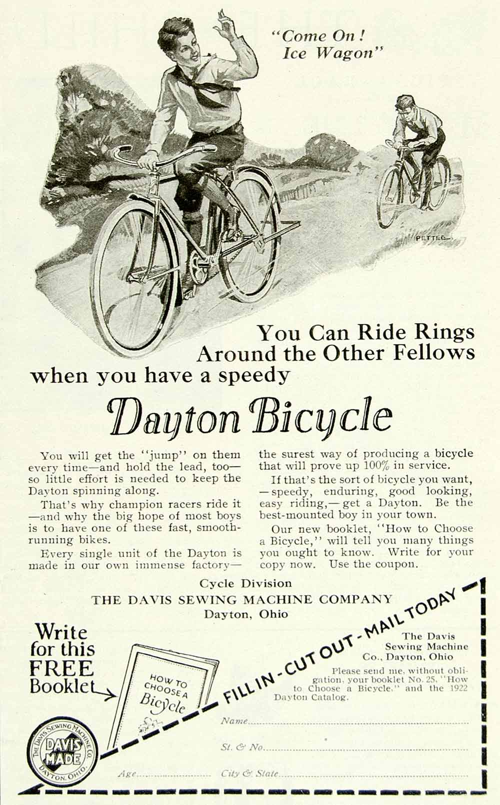1922 Ad Dayton Bicycles Davis Sewing Machine Pettel Art Transportation Bike YYC3