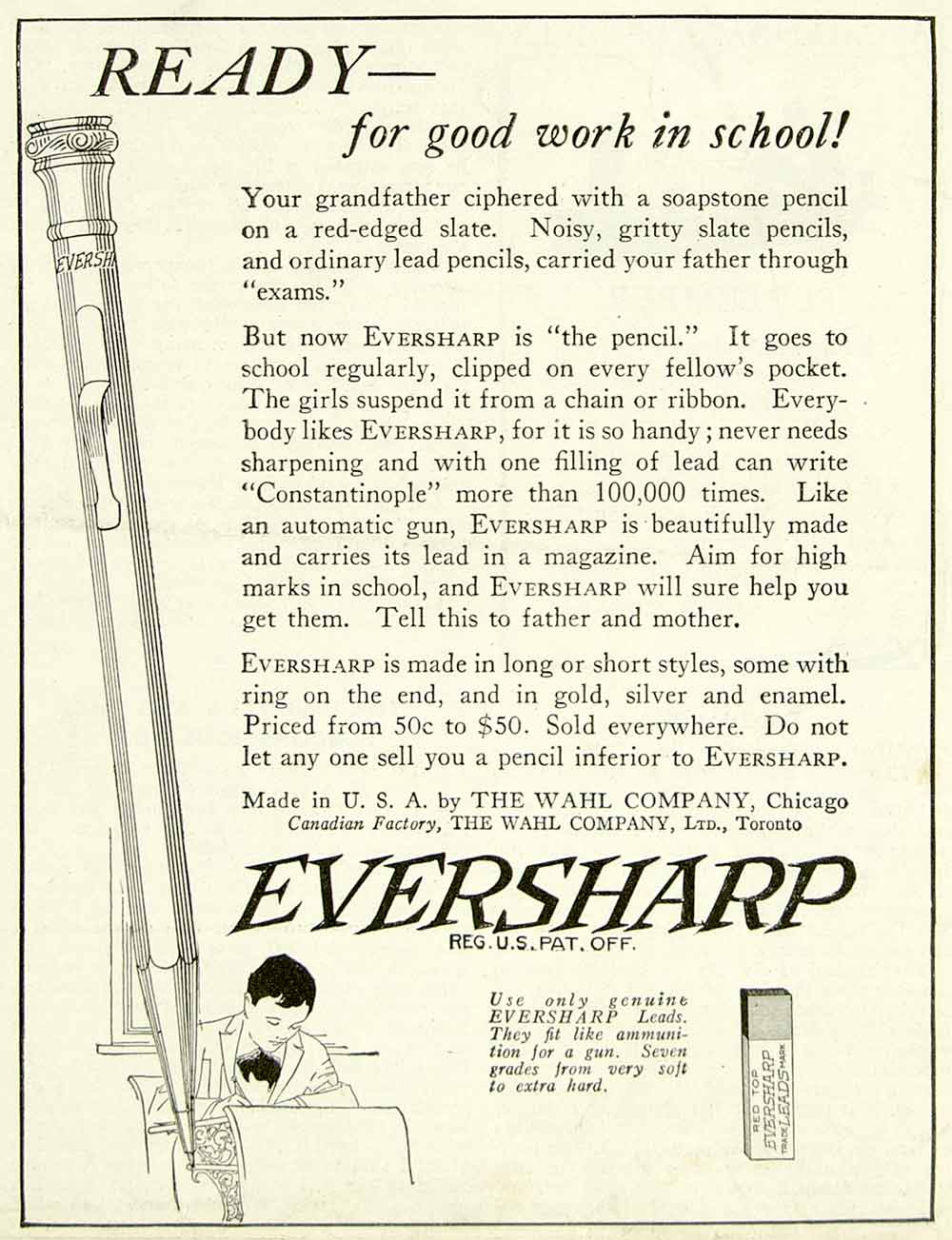 1922 Ad Wahl Eversharp Pencils Writing Instrument Chicago IL School Work YYC3