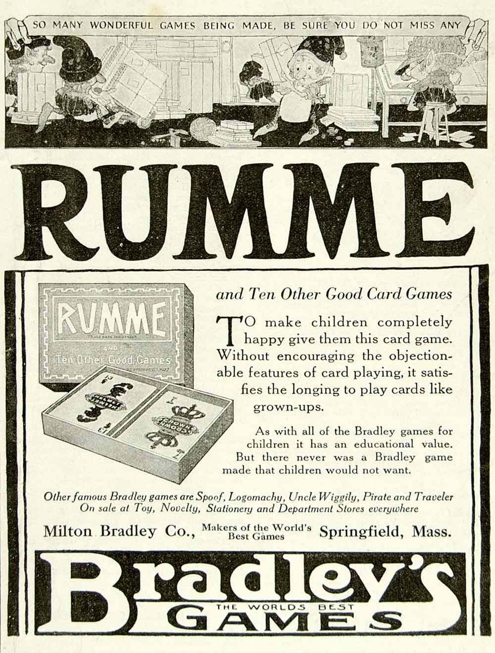 1922 Ad Milton Bradley Rumme Card Board Game Childrens Toy Springfield MA YYC3