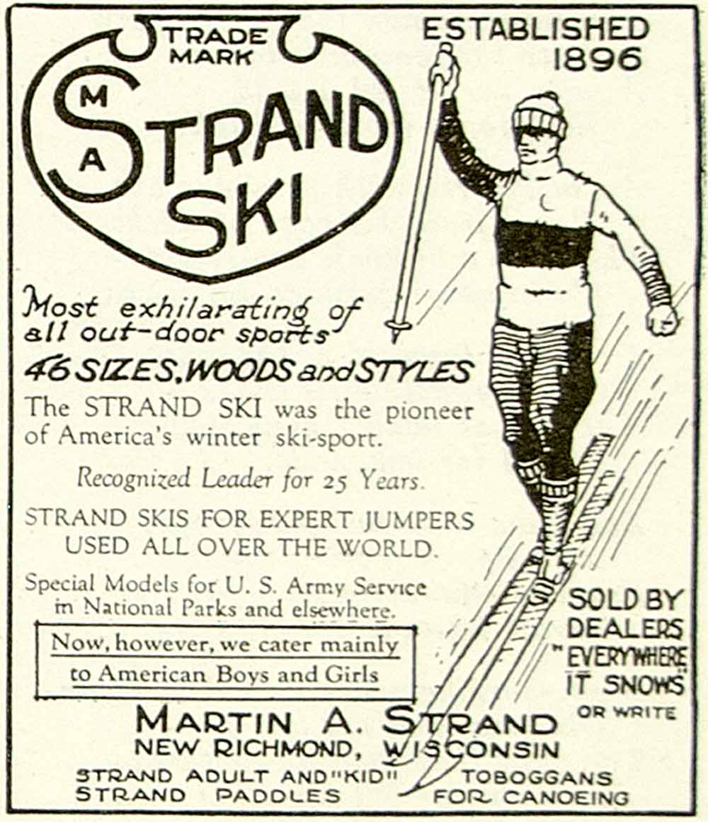 1922 Ad Martin A Strand Skis Sporting Goods Athlete Winter Snow Skiing YYC3