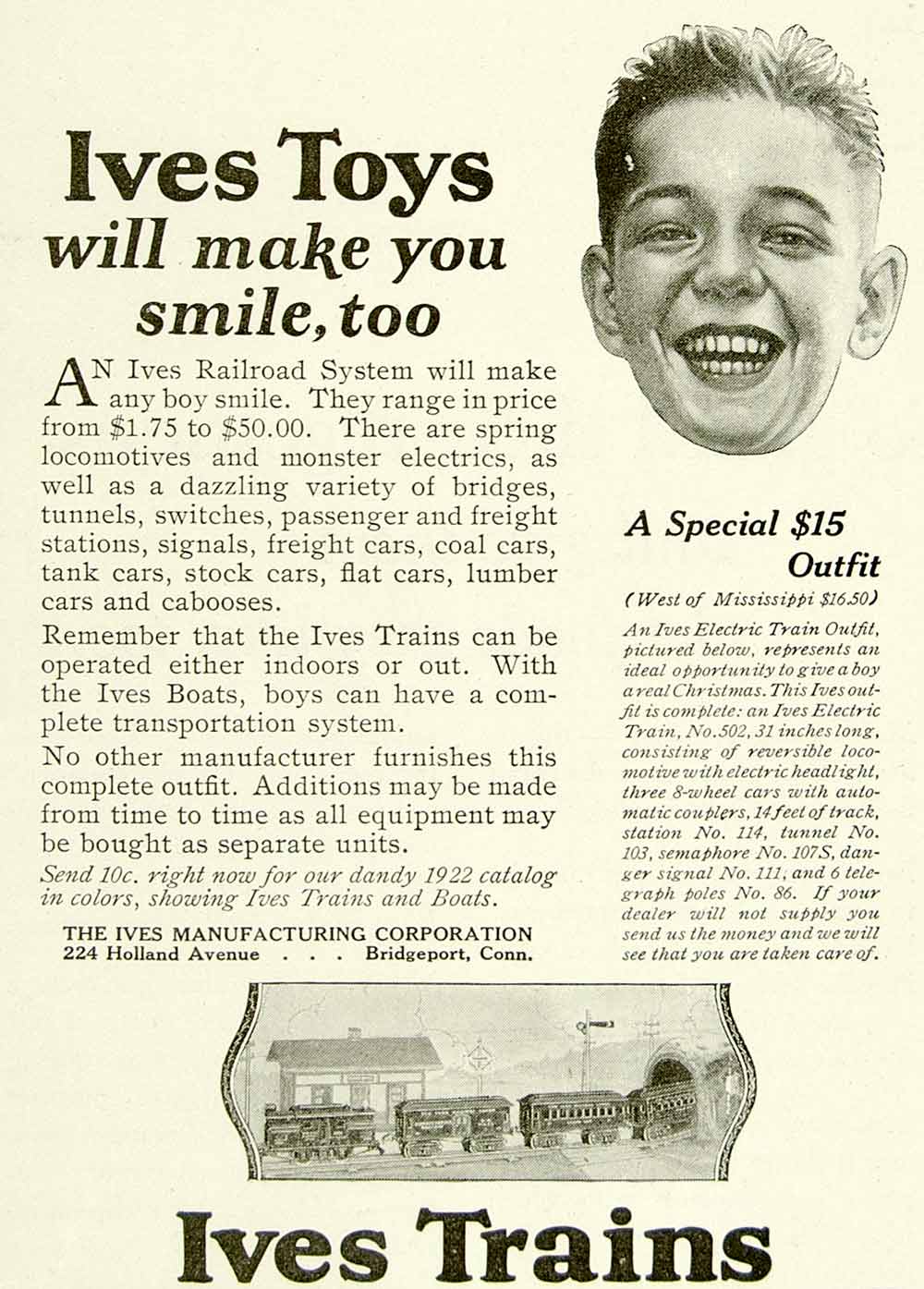 1922 Ad Ives Childrens Toy Trains Model Railroad 224 Holland Ave Bridgeport YYC3