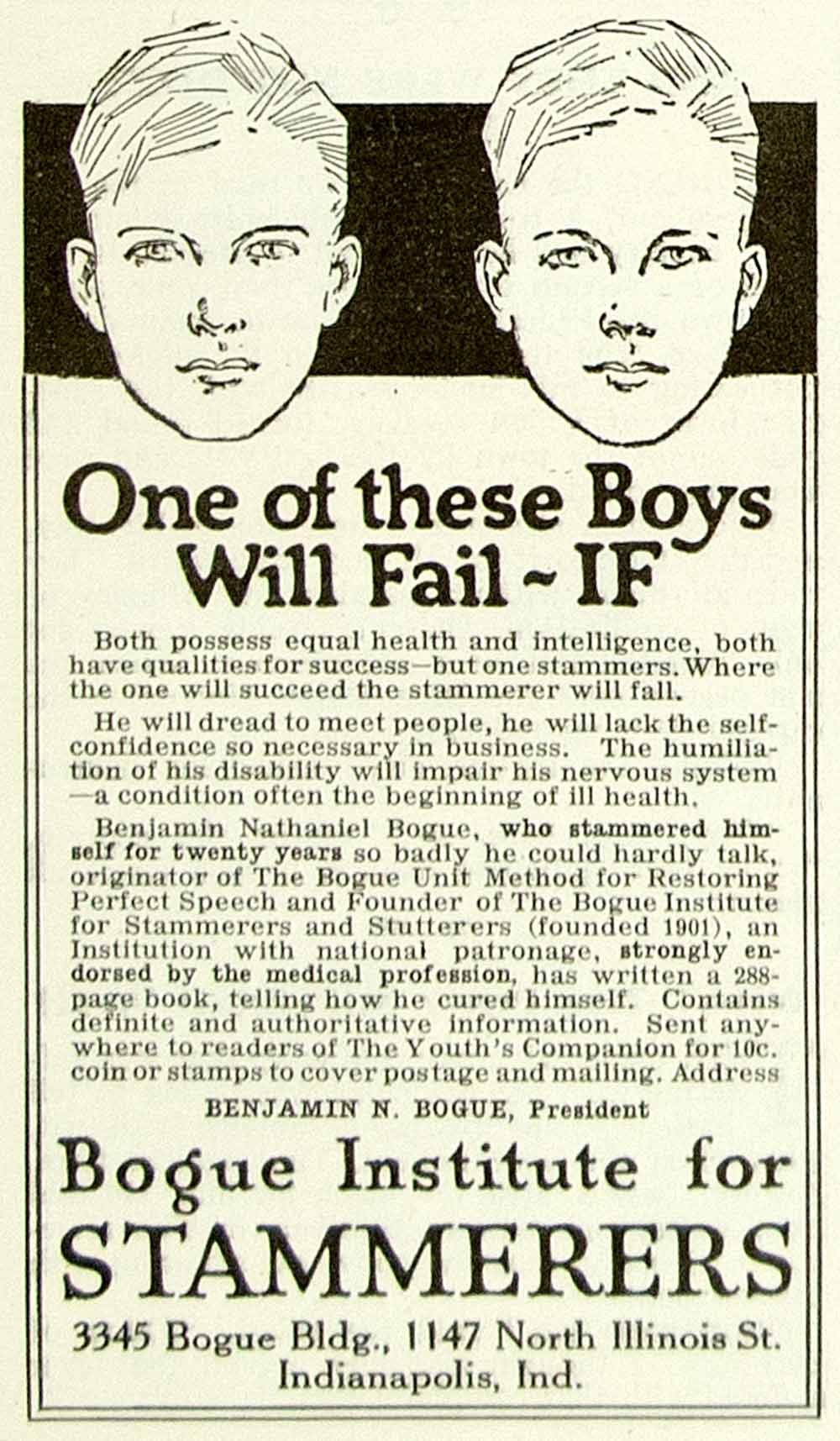 1922 Ad Bogue Institute Stammerers Speech Impediment Boys School Education YYC3