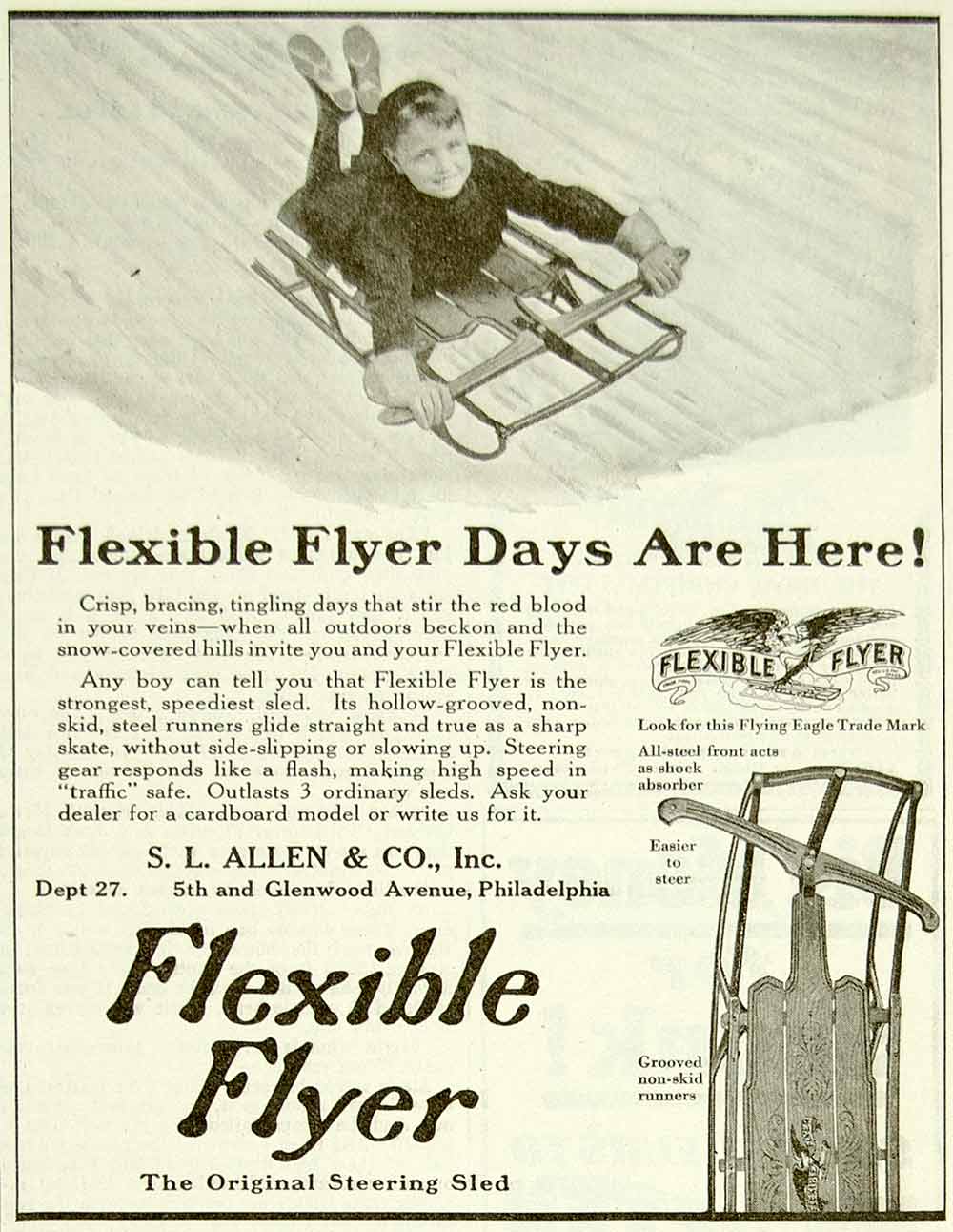1922 Ad SL Allen Flexible Flyer Steering Snow Sled Childrens Toy Outdoor YYC3