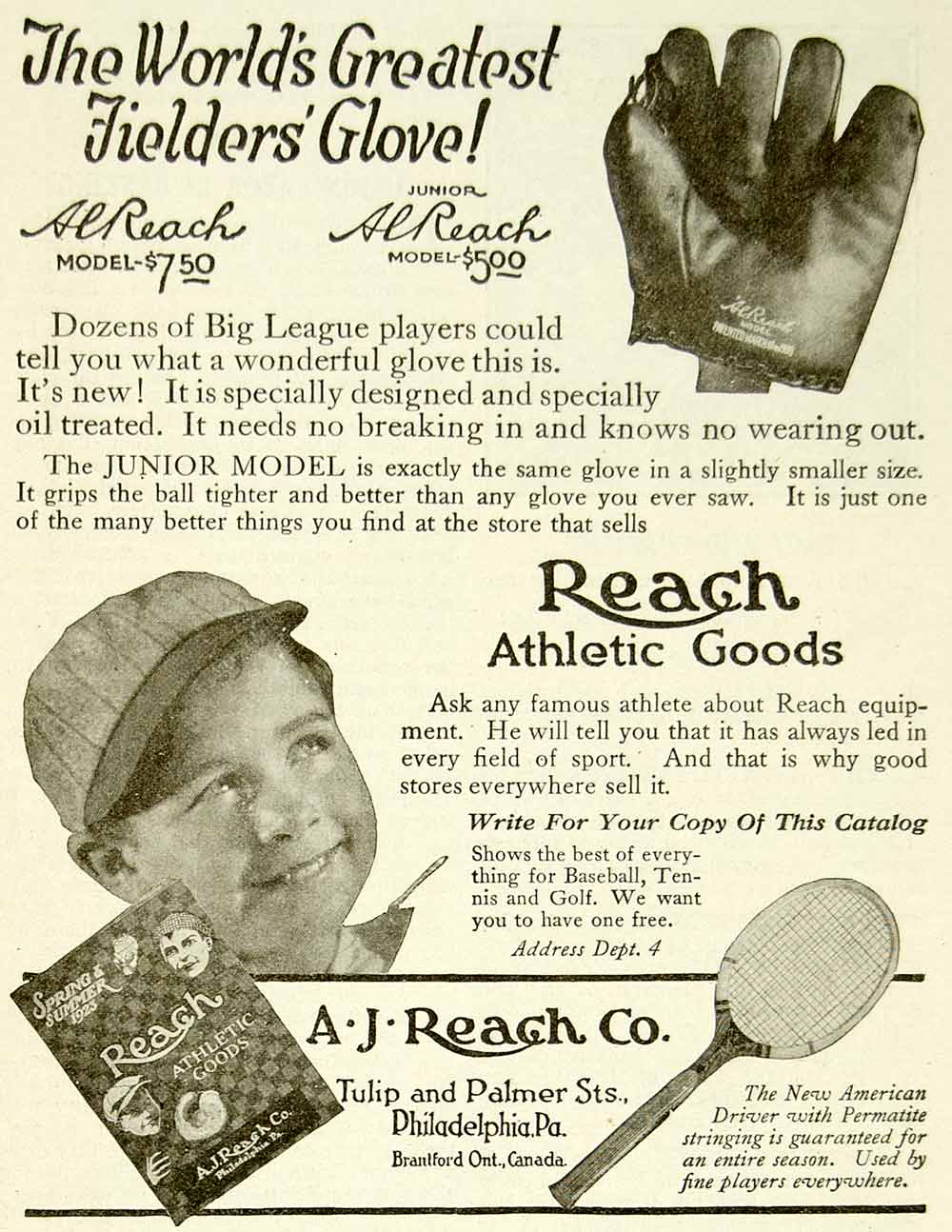 1923 Ad AJ Reach Junior Model Baseball Fielder Glove Mitt Sporting Goods YYC4