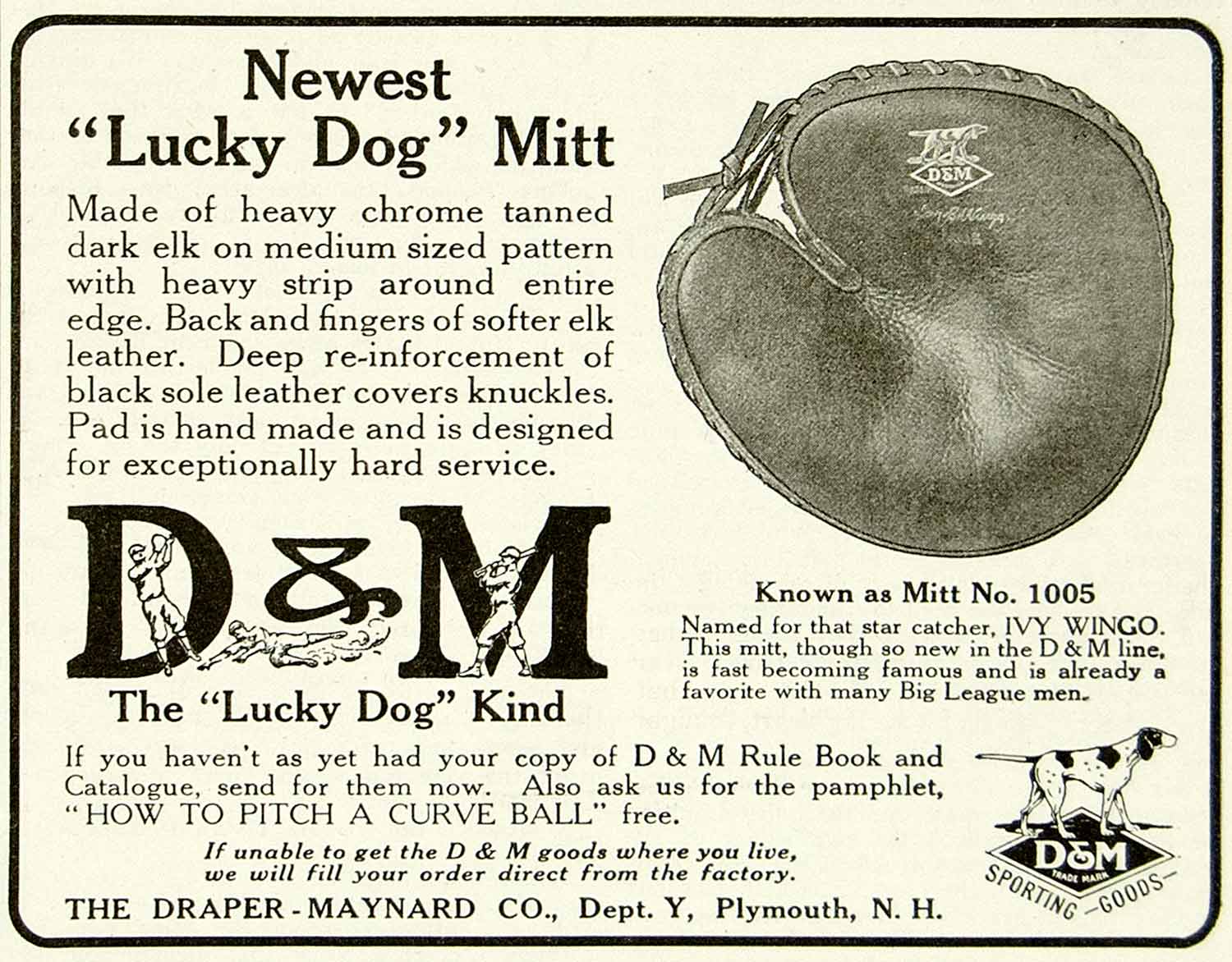 1923 Ad Draper-Maynard D&M Lucky Dog Catchers Mitt No 1005 Baseball Glove YYC4