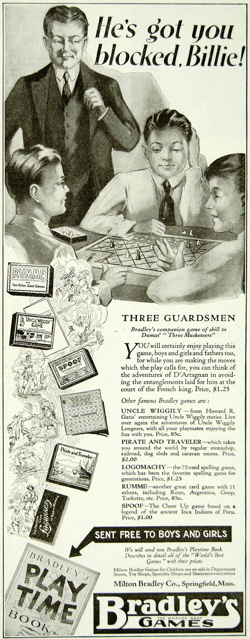 1923 Ad Milton Bradley Three Guardsmen Board Game Children Toy Three YYC4