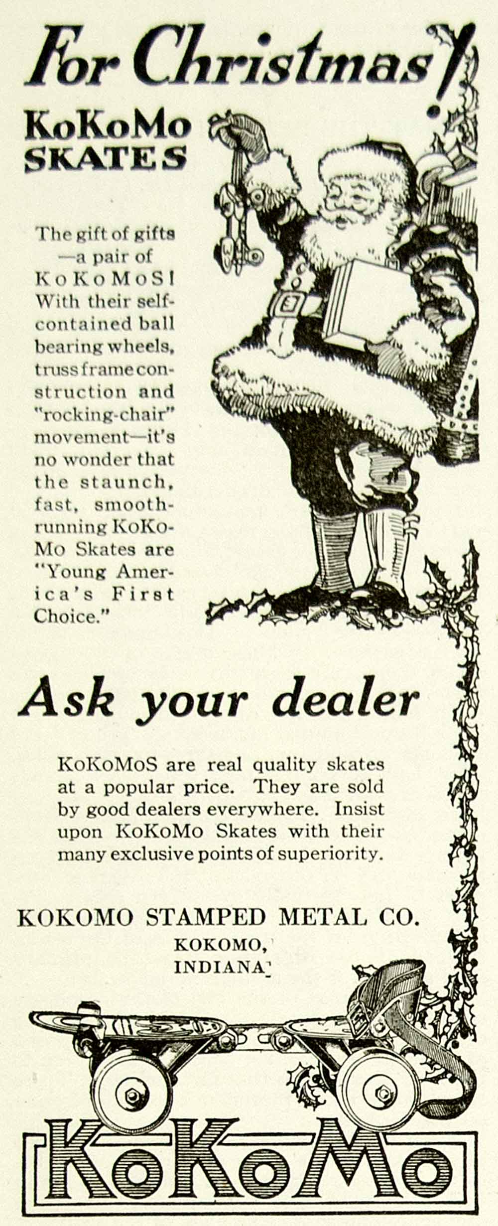 1923 Ad Kokomo Stamped Metal Roller Skates Children Toy Christmas Santa YYC4