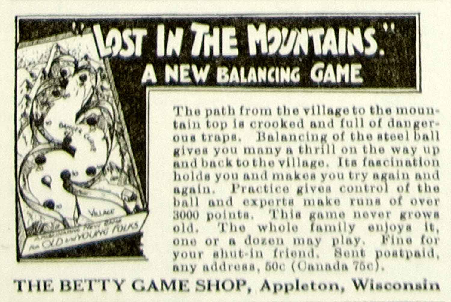 1923 Ad Betty Lost In The Mountains Balancing Board Game Childrens Toy Kids YYC4