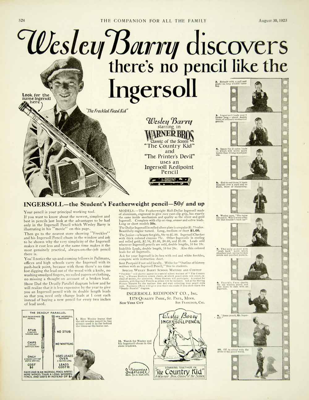 1923 Ad Ingersoll Redipoint Pencil Wesley Barry Actor Country Kid Warner YYC4