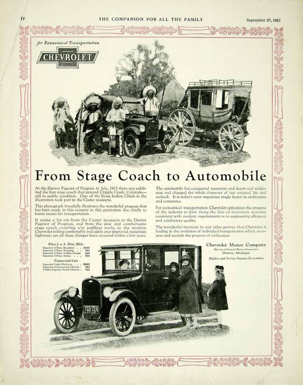 1923 Ad Chevrolet Antique Automobile Car General Motors Stagecoach Sioux YYC4