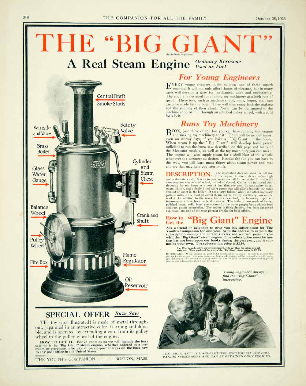 1923 Ad Big Giant Steam Engine Children Toy Machinery Youths Companion YYC4