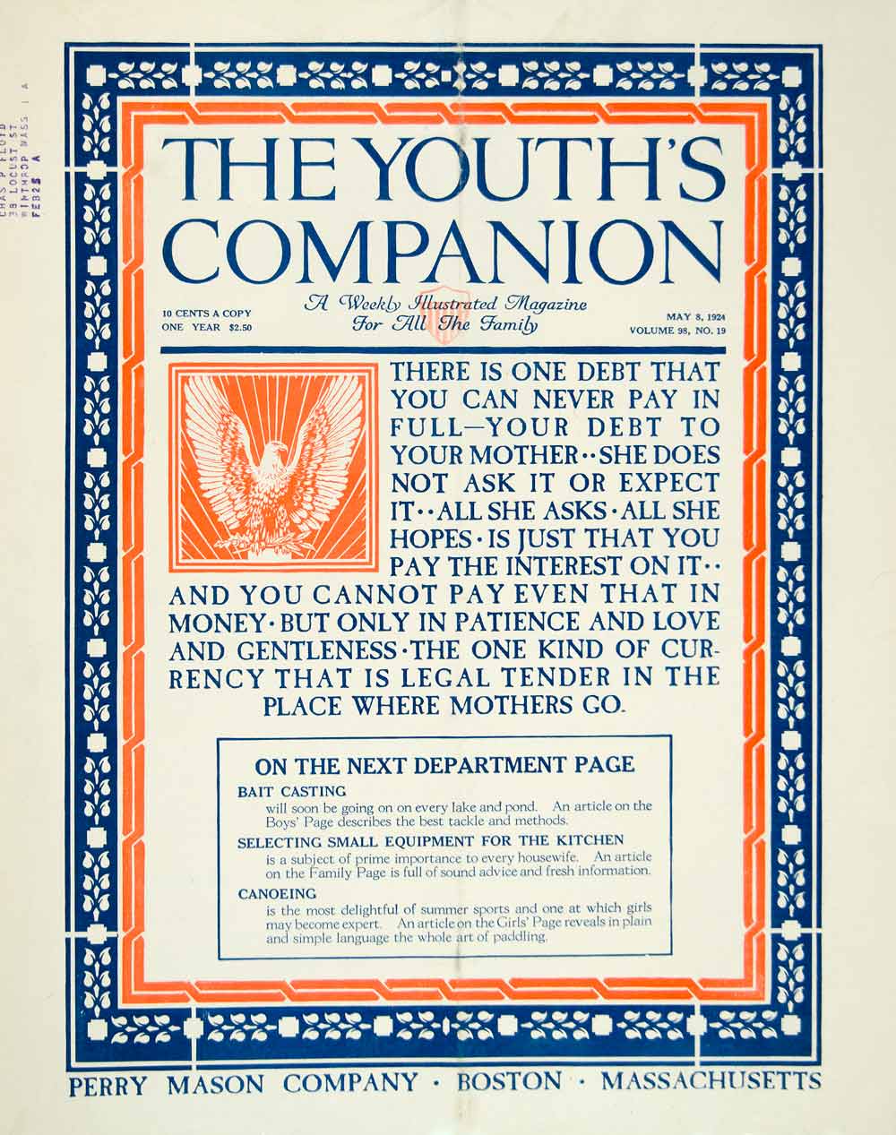 1924 Cover Youth's Companion Mothers Day Holiday Quotation Roaring Twenties YYC5