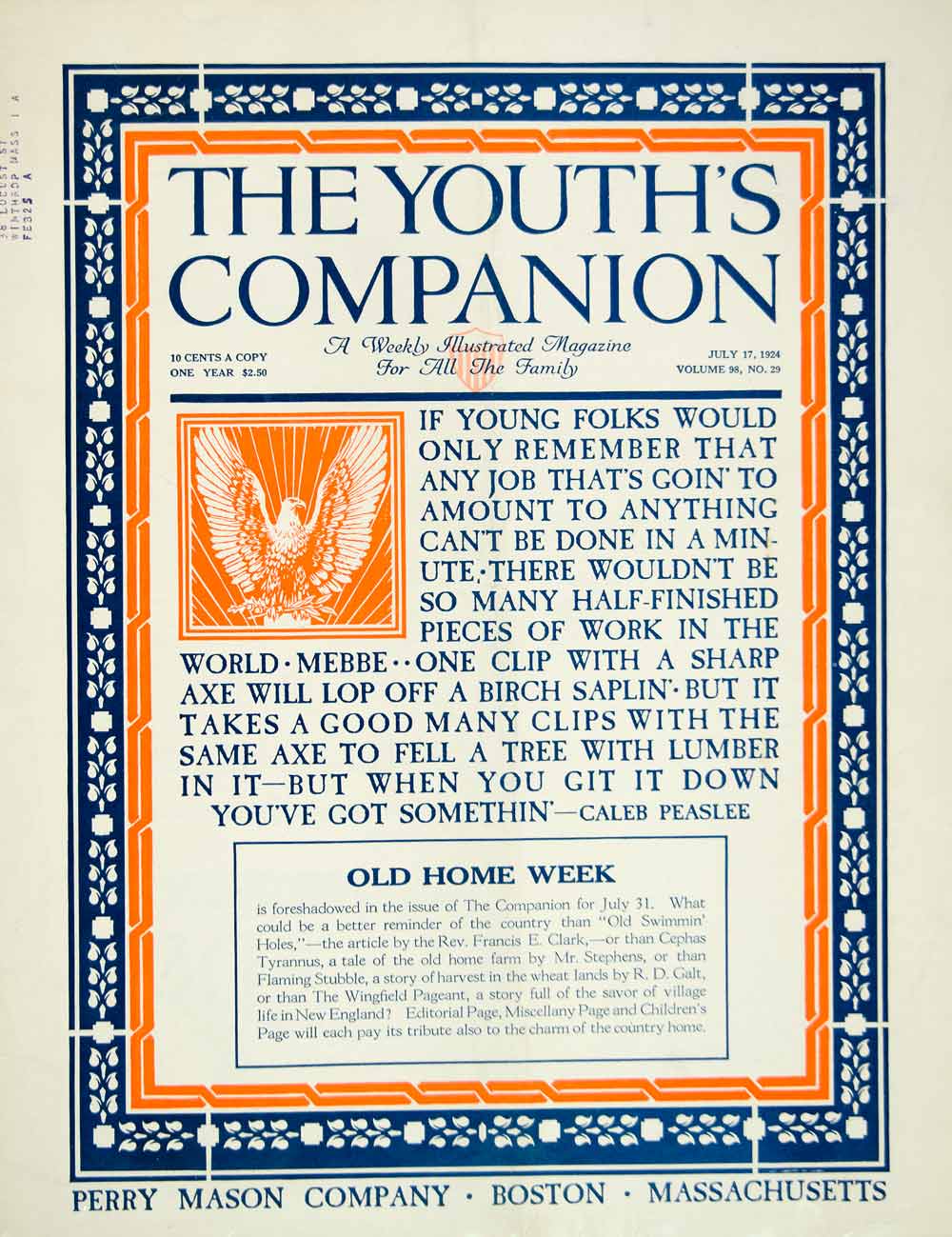 1924 Cover Youth's Companion Caleb Peaslee Children Work Quotation Twenties YYC5