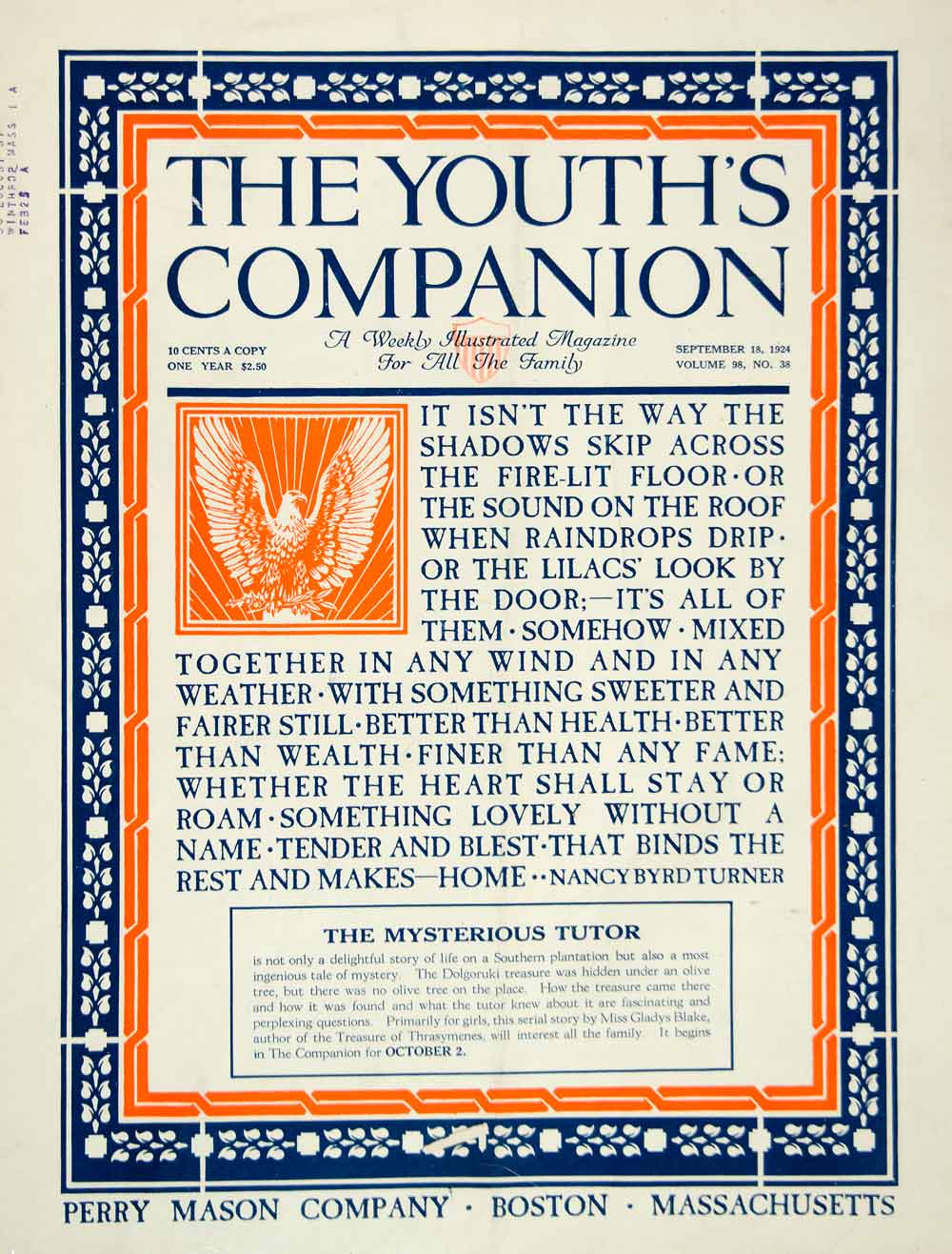 1924 Cover Youth's Companion Nancy Byrd Turner Home Quotation Roaring YYC5