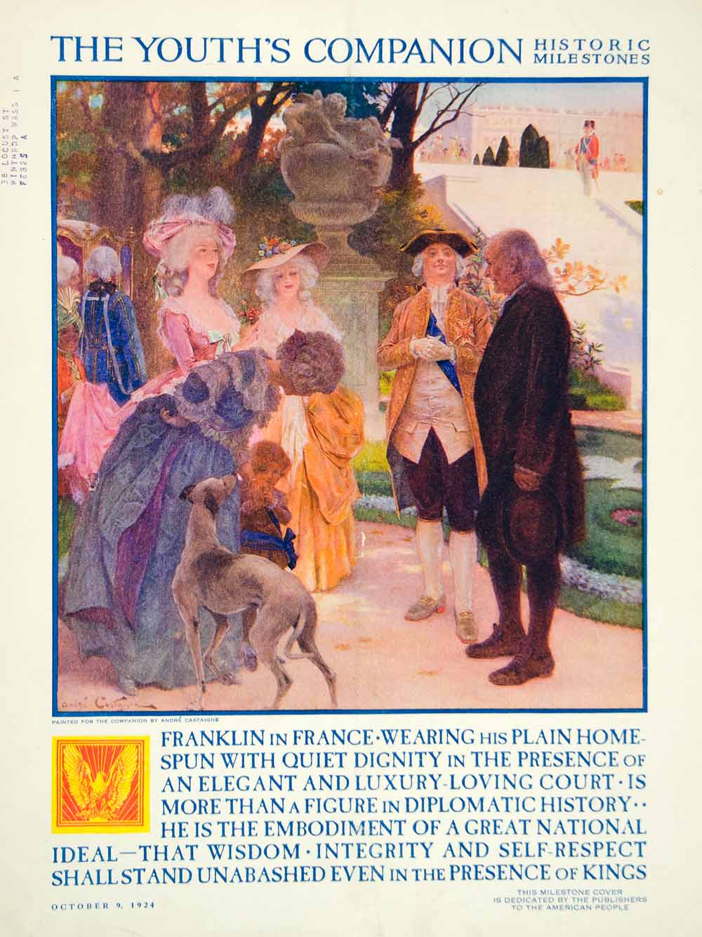 1924 Cover Youth's Companion Andre Castaigne Art Benjamin Franklin Paris YYC5