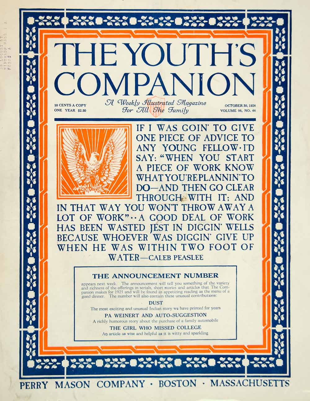 1924 Cover Youth's Companion Caleb Peaslee Work Ethic Quotation Roaring YYC5