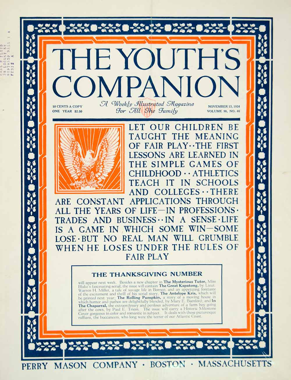 1924 Cover Youth's Companion Good Sportsmanship Quotation Roaring Twenties YYC5